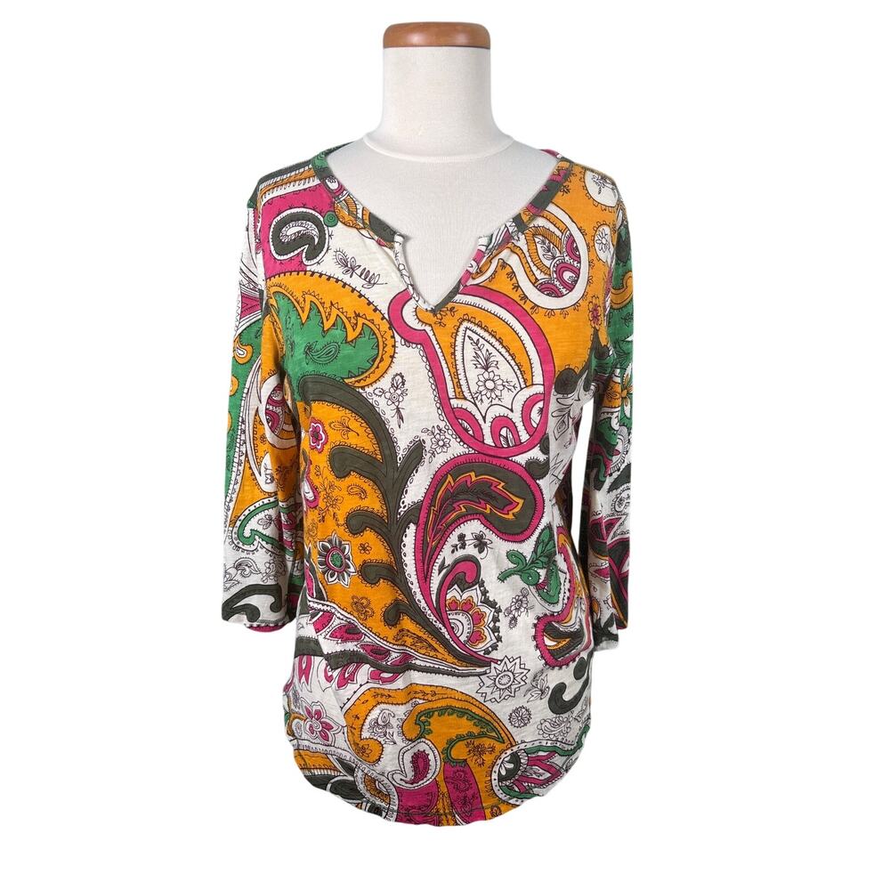 Lucky Brand Womens Tops‎ Sz Large Colorful Paisley 3/4 Sleeve Split Neck Blouse